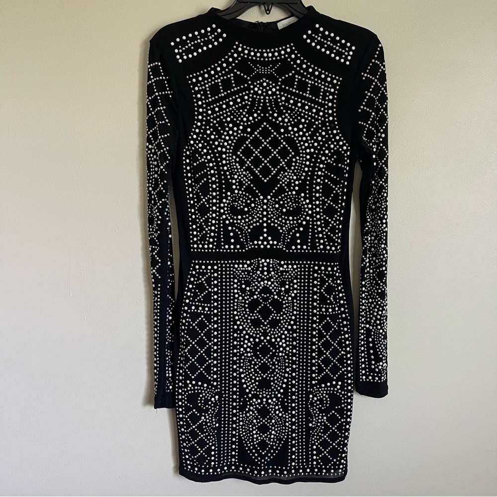 Paradiso Black Bedazzled Jewel Detail Bodycon Mini Dress Long Mesh Sleeve Size L